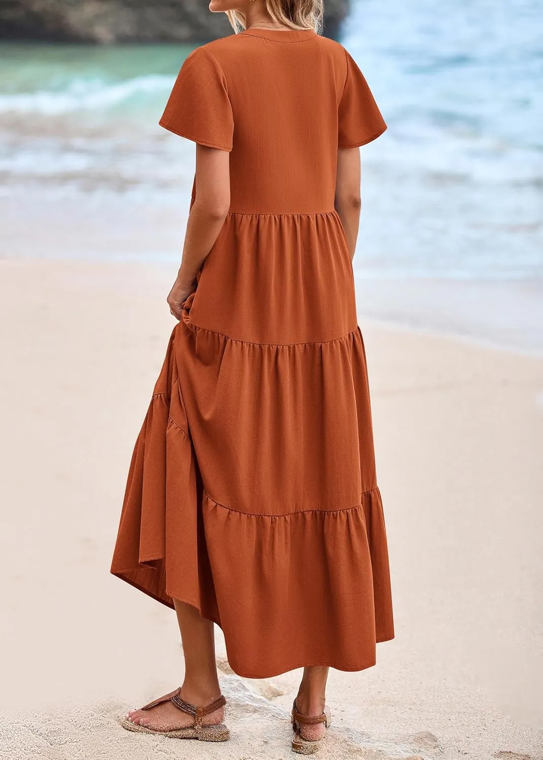 KIRUNDO Womens Summer Dresses 2025 Spring Fashion Short Sleeve Button V Neck Pleated Loose Tiered Swing Flowy Maxi Dress