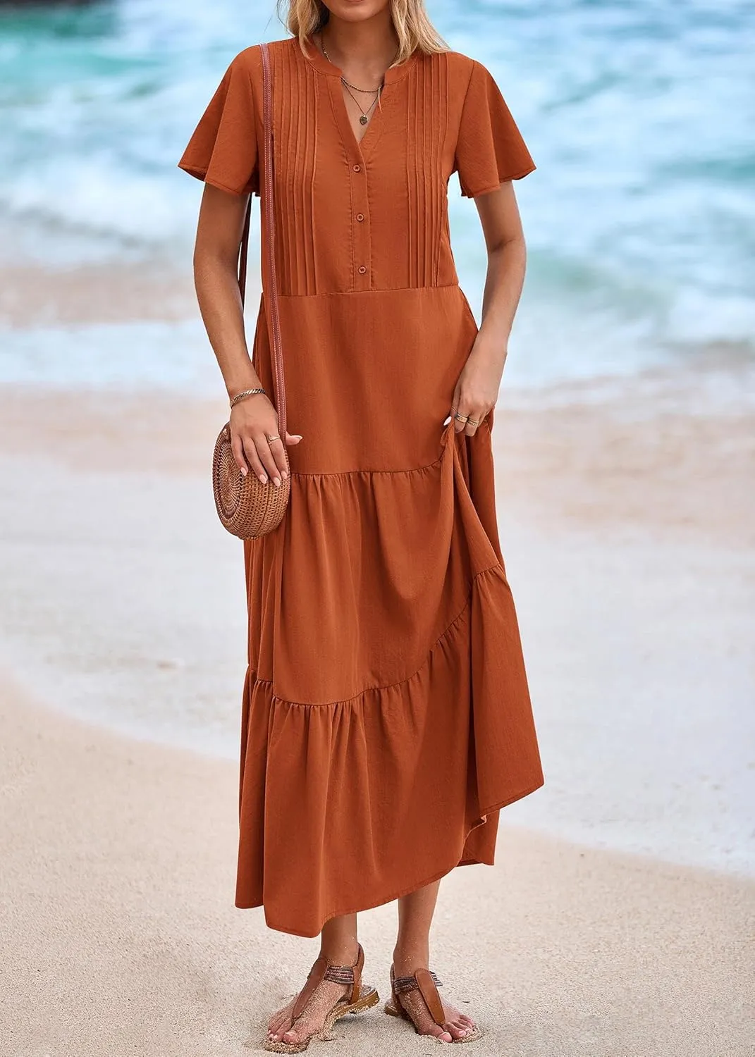 KIRUNDO Womens Summer Dresses 2025 Spring Fashion Short Sleeve Button V Neck Pleated Loose Tiered Swing Flowy Maxi Dress