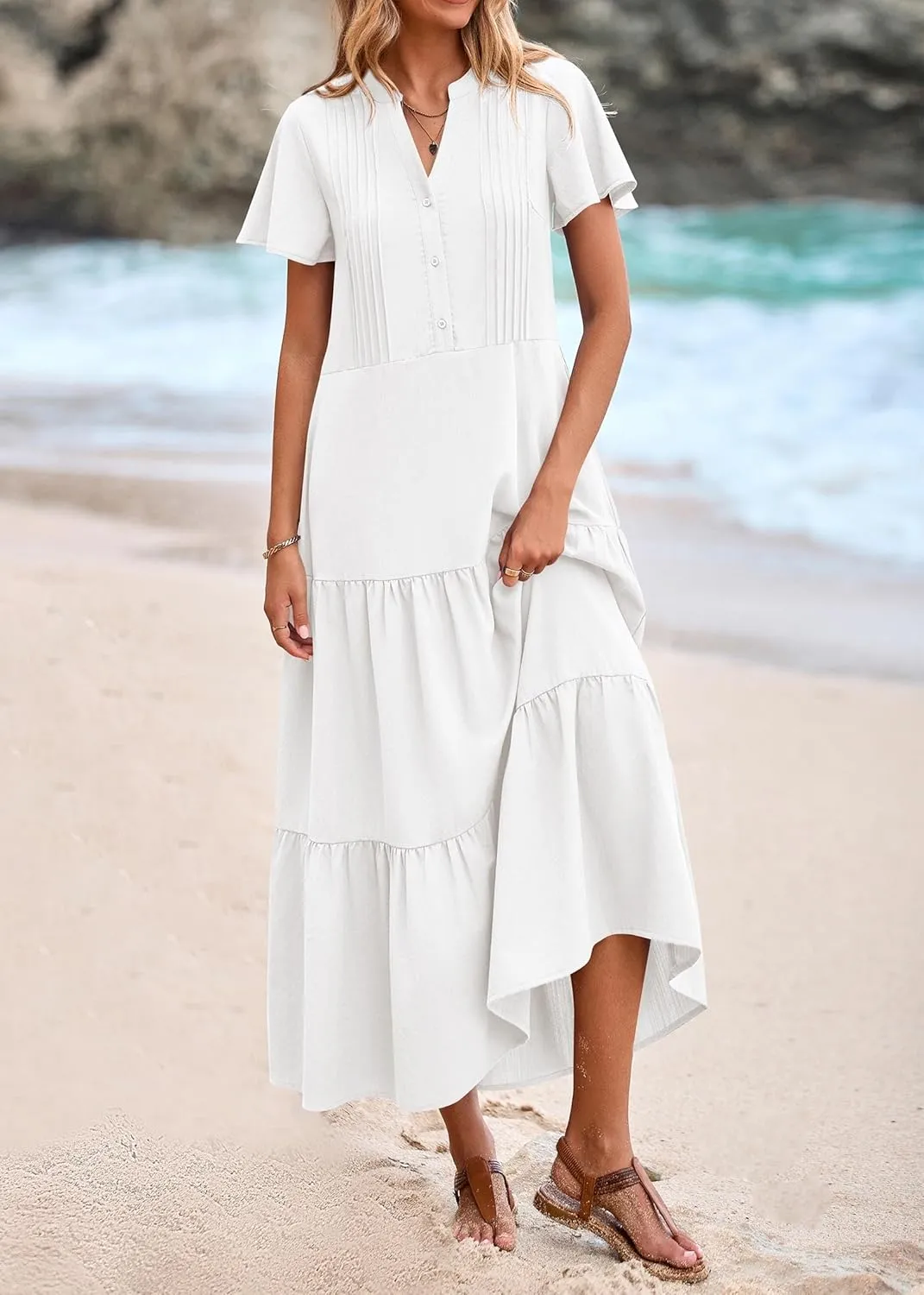 KIRUNDO Womens Summer Dresses 2025 Spring Fashion Short Sleeve Button V Neck Pleated Loose Tiered Swing Flowy Maxi Dress