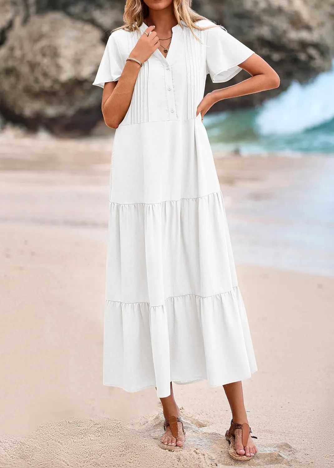 KIRUNDO Womens Summer Dresses 2025 Spring Fashion Short Sleeve Button V Neck Pleated Loose Tiered Swing Flowy Maxi Dress