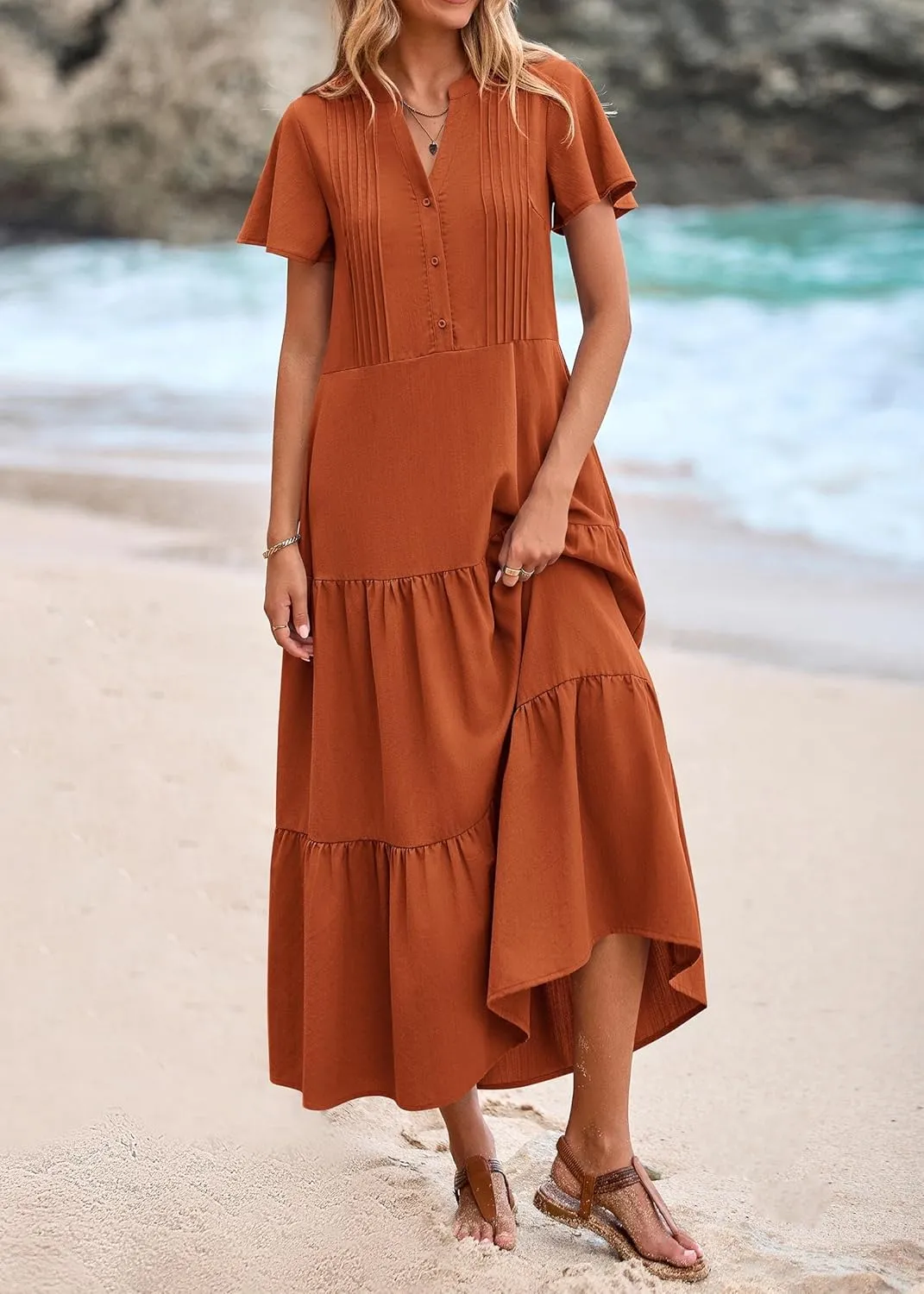KIRUNDO Womens Summer Dresses 2025 Spring Fashion Short Sleeve Button V Neck Pleated Loose Tiered Swing Flowy Maxi Dress