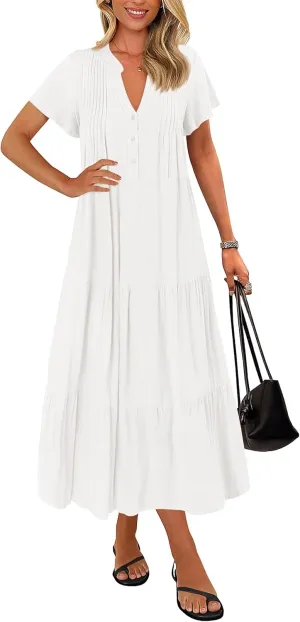 KIRUNDO Womens Summer Dresses 2025 Spring Fashion Short Sleeve Button V Neck Pleated Loose Tiered Swing Flowy Maxi Dress