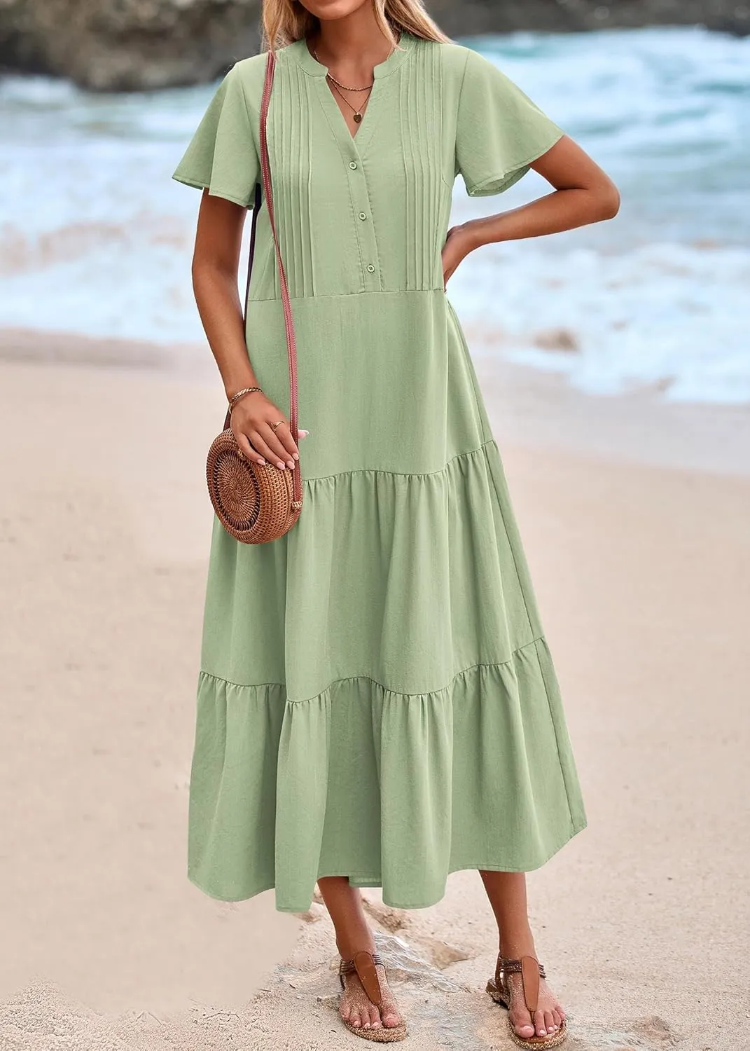 KIRUNDO Womens Summer Dresses 2025 Spring Fashion Short Sleeve Button V Neck Pleated Loose Tiered Swing Flowy Maxi Dress