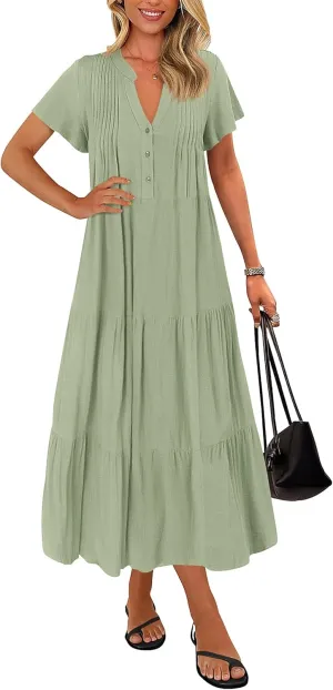 KIRUNDO Womens Summer Dresses 2025 Spring Fashion Short Sleeve Button V Neck Pleated Loose Tiered Swing Flowy Maxi Dress