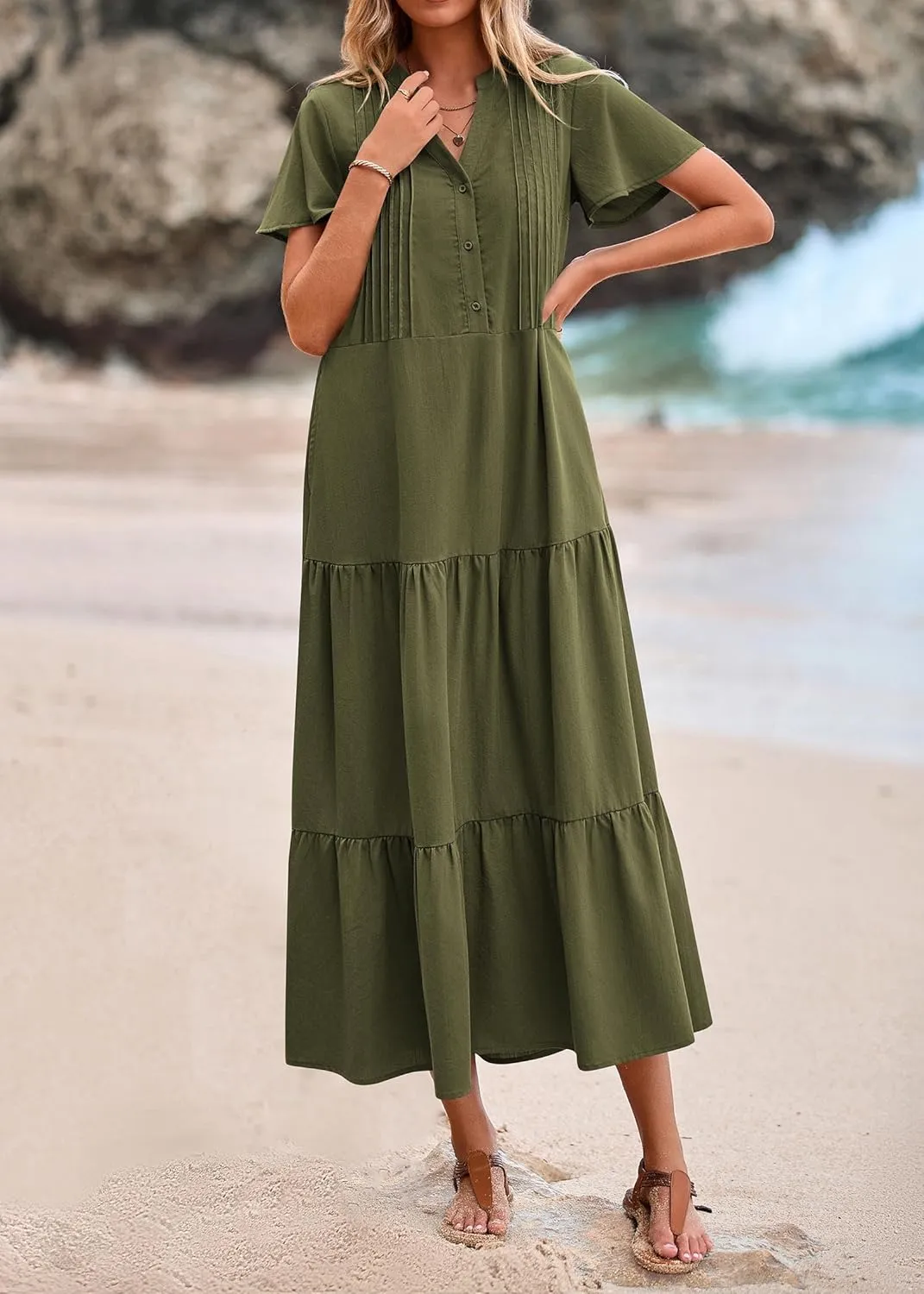 KIRUNDO Womens Summer Dresses 2025 Spring Fashion Short Sleeve Button V Neck Pleated Loose Tiered Swing Flowy Maxi Dress