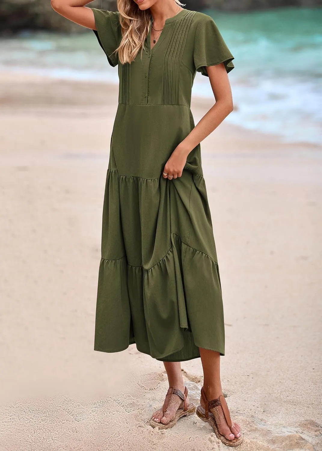 KIRUNDO Womens Summer Dresses 2025 Spring Fashion Short Sleeve Button V Neck Pleated Loose Tiered Swing Flowy Maxi Dress