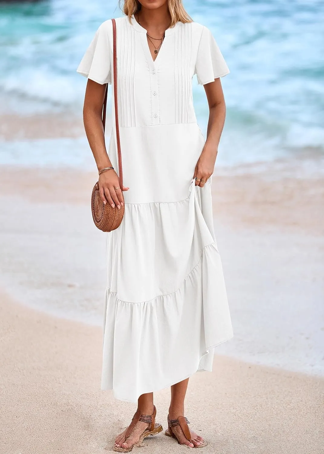 KIRUNDO Womens Summer Dresses 2025 Spring Fashion Short Sleeve Button V Neck Pleated Loose Tiered Swing Flowy Maxi Dress