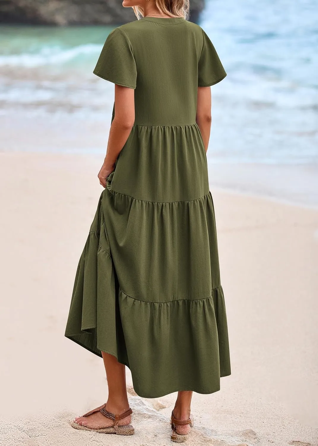 KIRUNDO Womens Summer Dresses 2025 Spring Fashion Short Sleeve Button V Neck Pleated Loose Tiered Swing Flowy Maxi Dress
