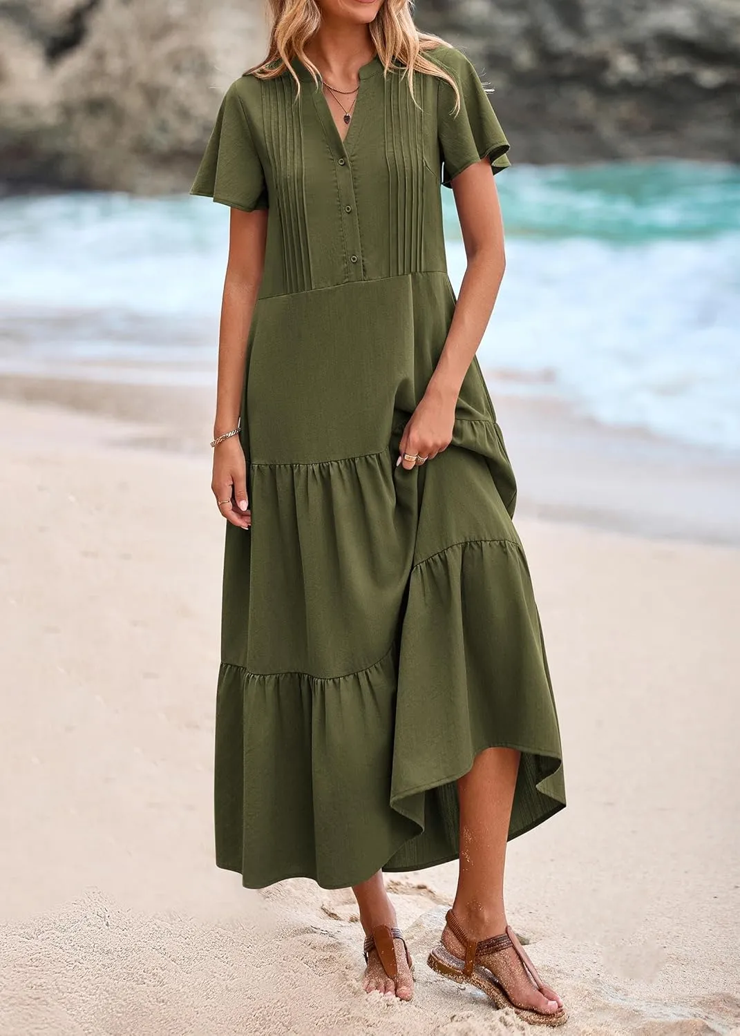 KIRUNDO Womens Summer Dresses 2025 Spring Fashion Short Sleeve Button V Neck Pleated Loose Tiered Swing Flowy Maxi Dress