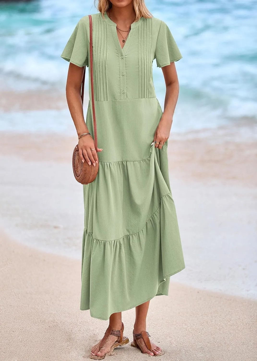 KIRUNDO Womens Summer Dresses 2025 Spring Fashion Short Sleeve Button V Neck Pleated Loose Tiered Swing Flowy Maxi Dress