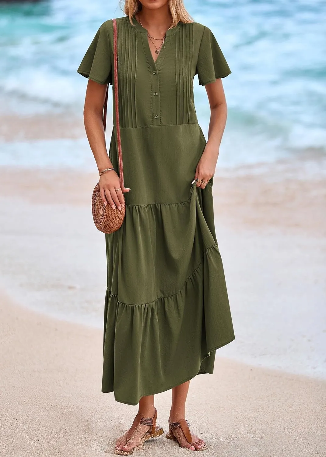KIRUNDO Womens Summer Dresses 2025 Spring Fashion Short Sleeve Button V Neck Pleated Loose Tiered Swing Flowy Maxi Dress
