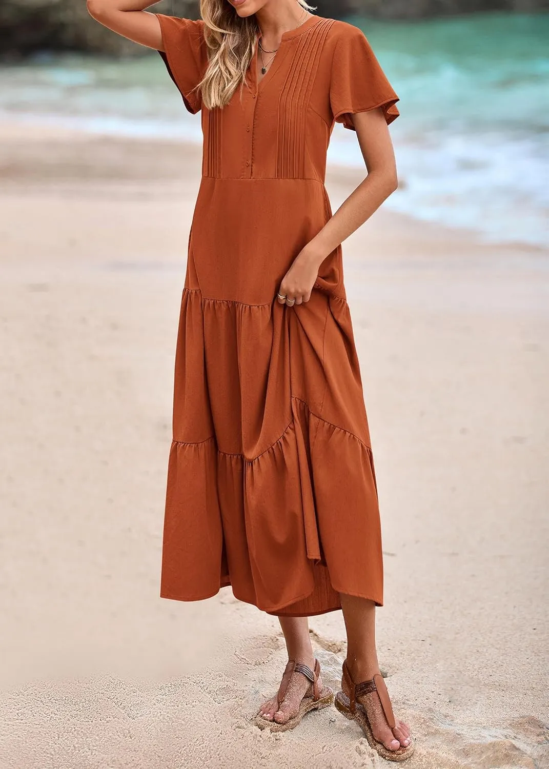 KIRUNDO Womens Summer Dresses 2025 Spring Fashion Short Sleeve Button V Neck Pleated Loose Tiered Swing Flowy Maxi Dress