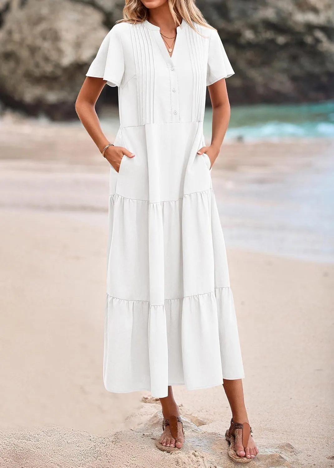 KIRUNDO Womens Summer Dresses 2025 Spring Fashion Short Sleeve Button V Neck Pleated Loose Tiered Swing Flowy Maxi Dress