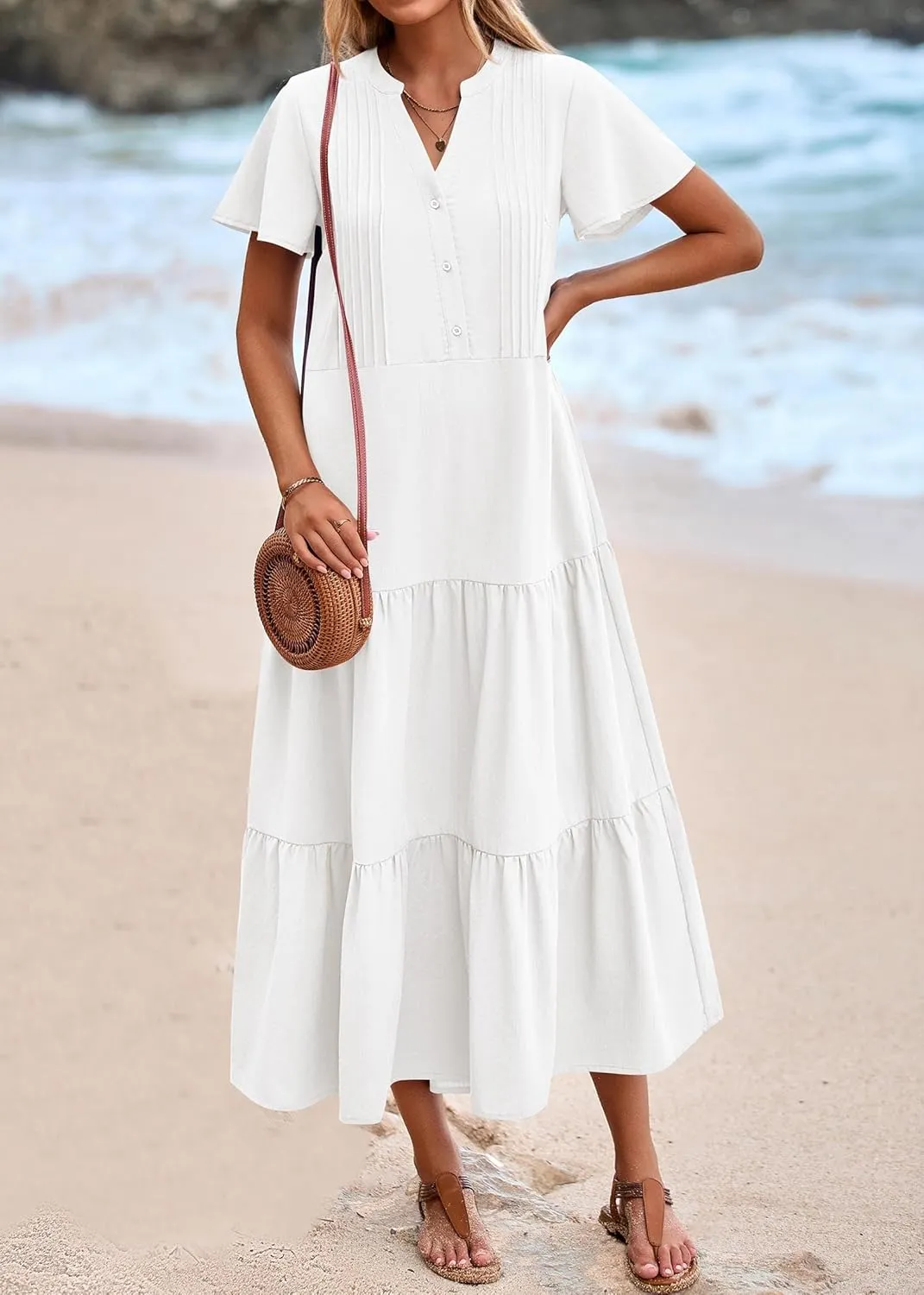 KIRUNDO Womens Summer Dresses 2025 Spring Fashion Short Sleeve Button V Neck Pleated Loose Tiered Swing Flowy Maxi Dress