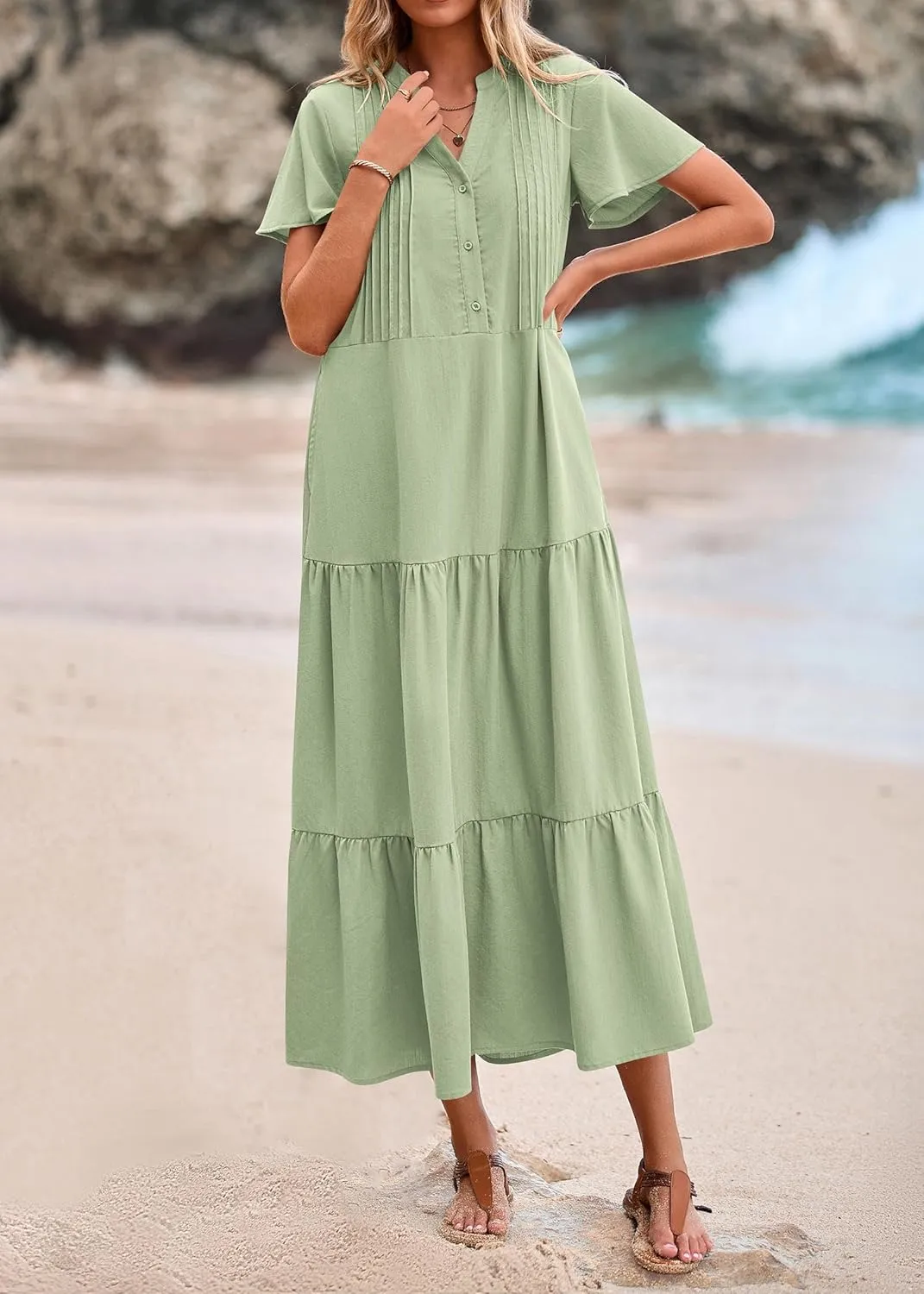 KIRUNDO Womens Summer Dresses 2025 Spring Fashion Short Sleeve Button V Neck Pleated Loose Tiered Swing Flowy Maxi Dress