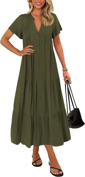 KIRUNDO Womens Summer Dresses 2025 Spring Fashion Short Sleeve Button V Neck Pleated Loose Tiered Swing Flowy Maxi Dress