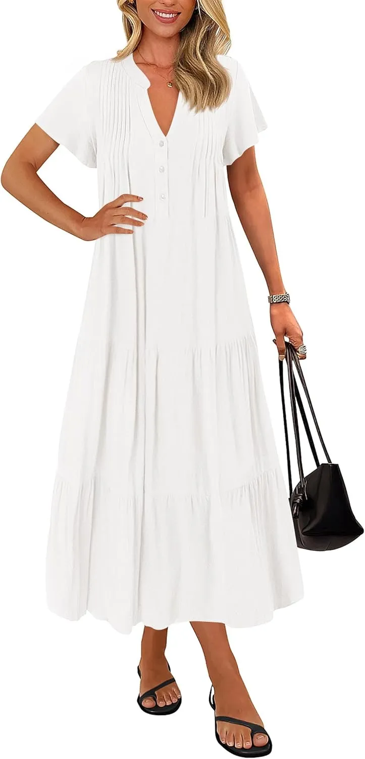 KIRUNDO Womens Summer Dresses 2025 Spring Fashion Short Sleeve Button V Neck Pleated Loose Tiered Swing Flowy Maxi Dress