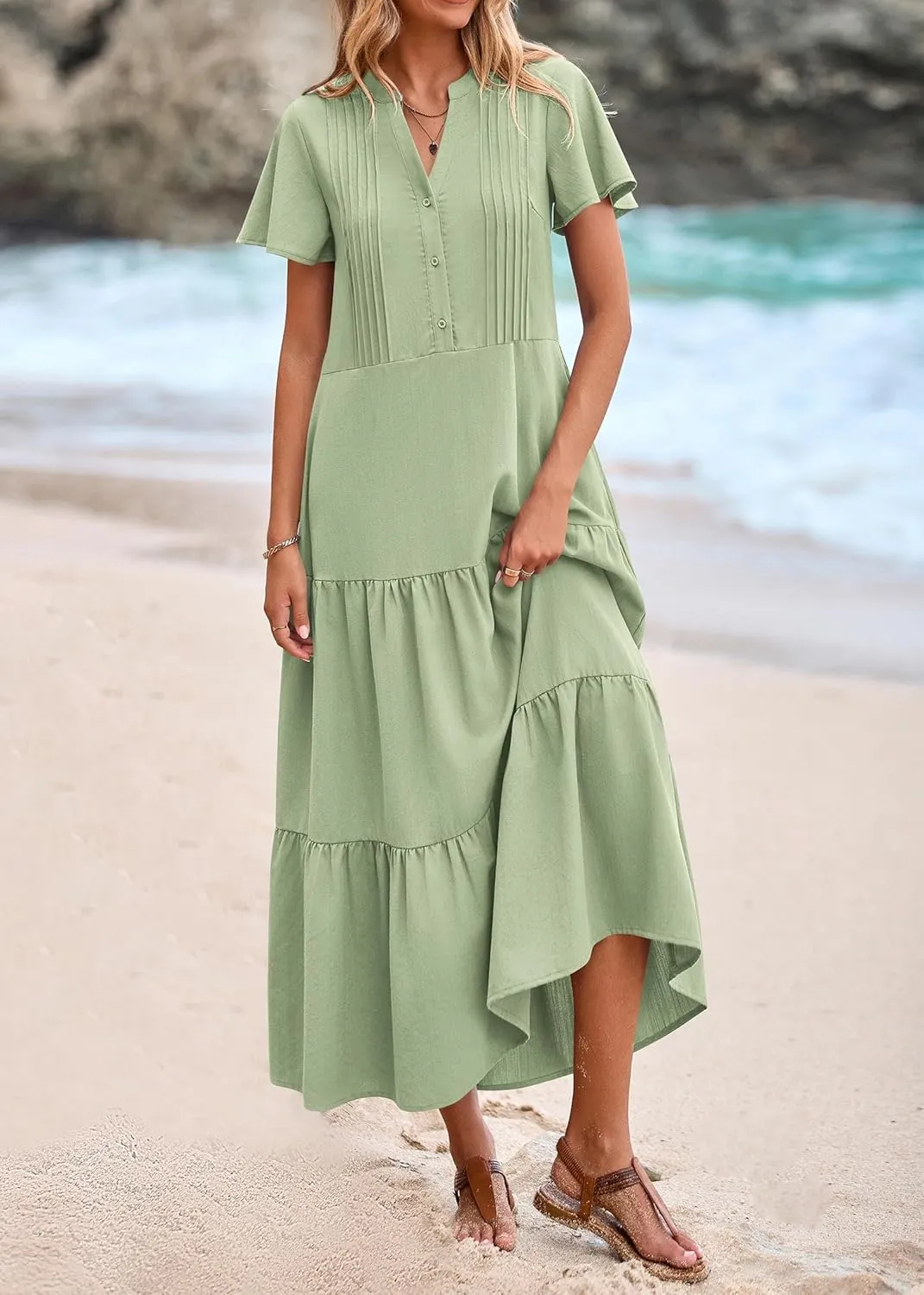 KIRUNDO Womens Summer Dresses 2025 Spring Fashion Short Sleeve Button V Neck Pleated Loose Tiered Swing Flowy Maxi Dress