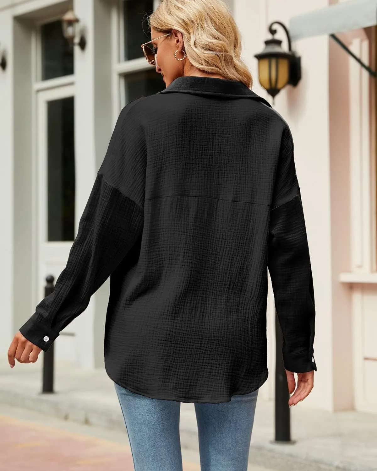 KUFV Women's Long Sleeve Button Down Shirts Tie Waist Casual Loose Blouses Tops