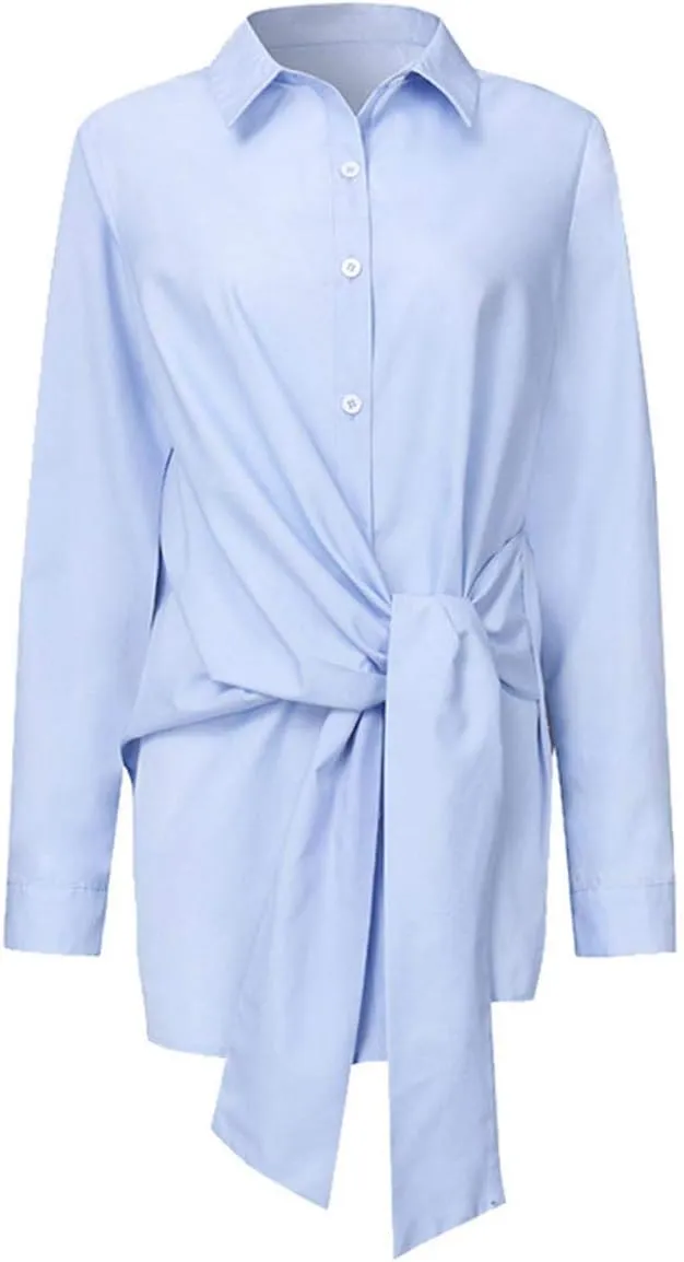 KUFV Women's Long Sleeve Button Down Shirts Tie Waist Casual Loose Blouses Tops
