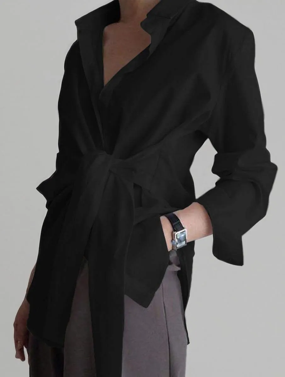 KUFV Women's Long Sleeve Button Down Shirts Tie Waist Casual Loose Blouses Tops