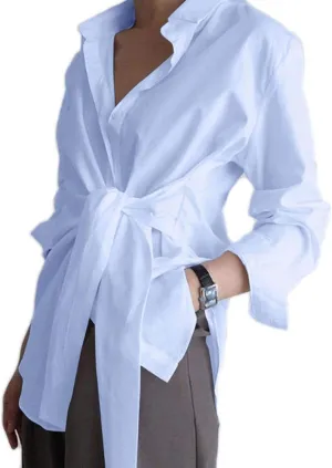 KUFV Women's Long Sleeve Button Down Shirts Tie Waist Casual Loose Blouses Tops