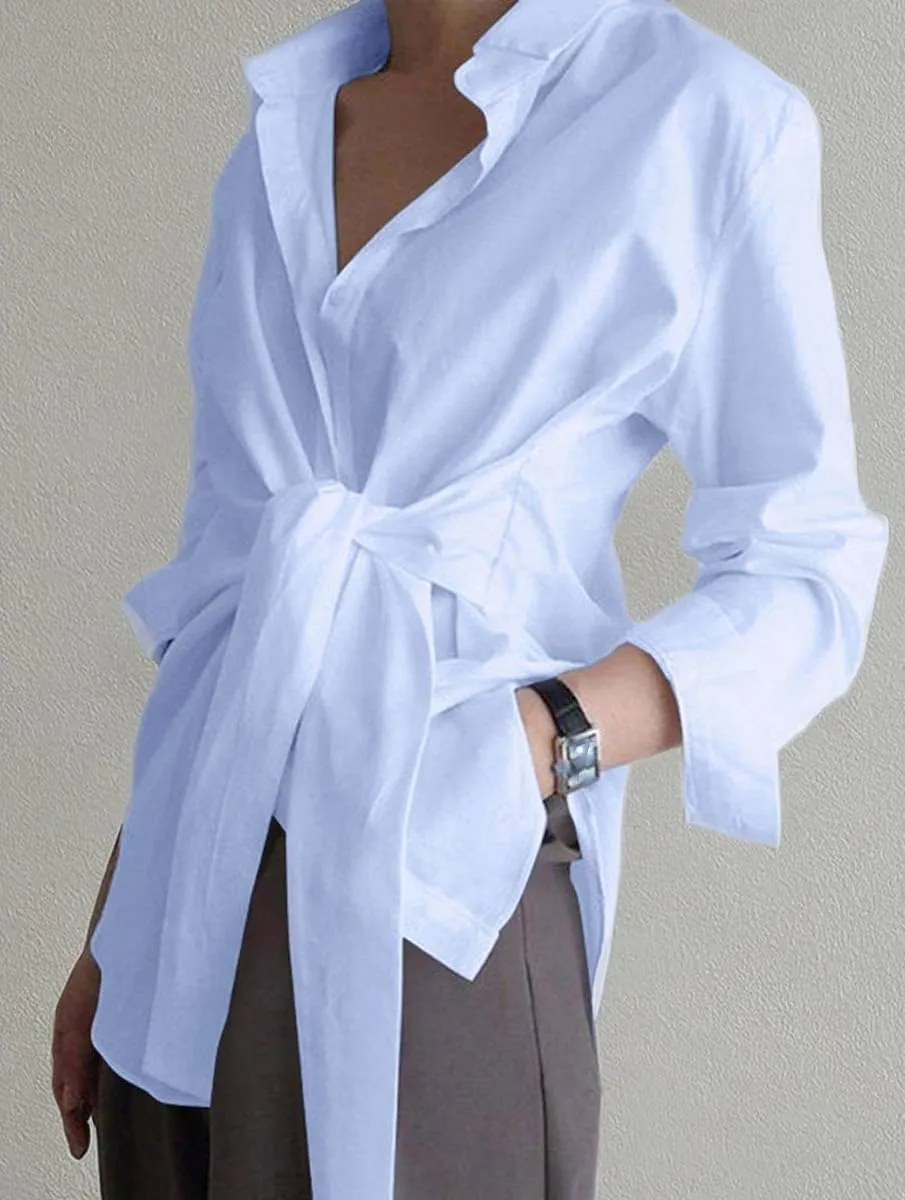 KUFV Women's Long Sleeve Button Down Shirts Tie Waist Casual Loose Blouses Tops