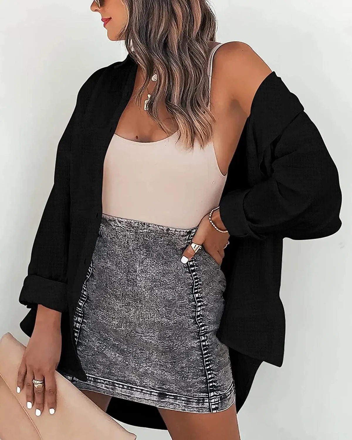 KUFV Women's Long Sleeve Button Down Shirts Tie Waist Casual Loose Blouses Tops