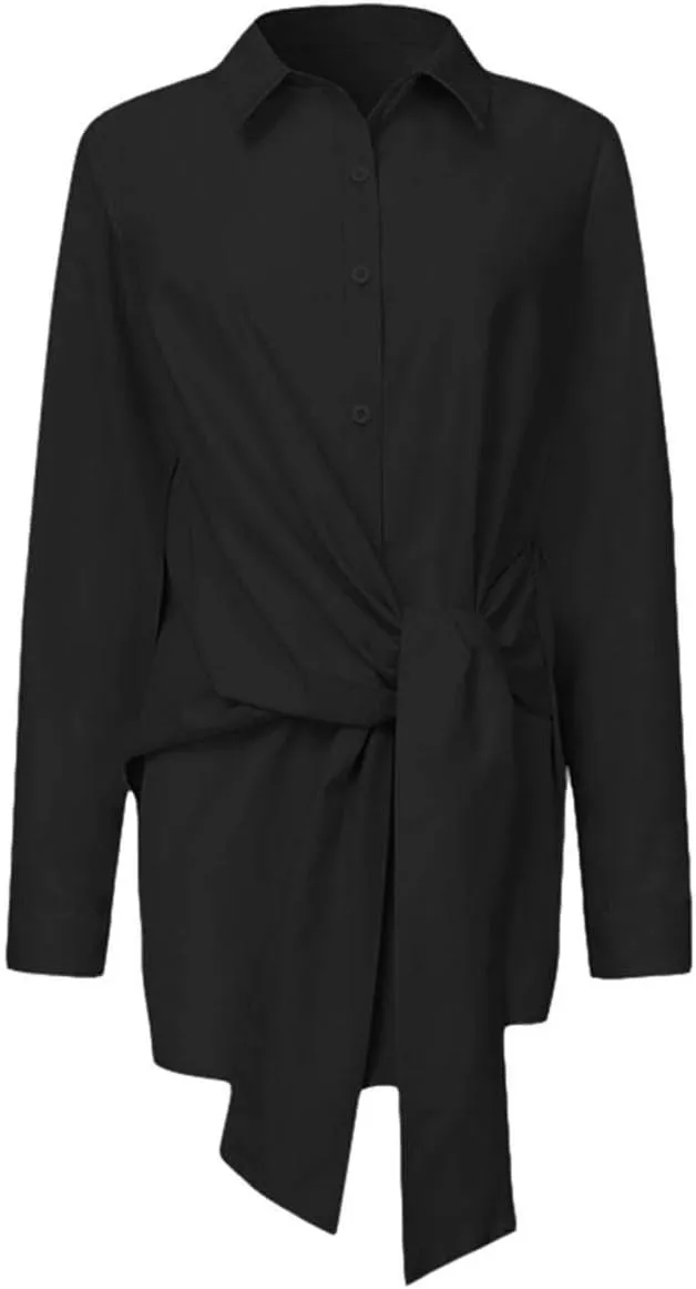 KUFV Women's Long Sleeve Button Down Shirts Tie Waist Casual Loose Blouses Tops