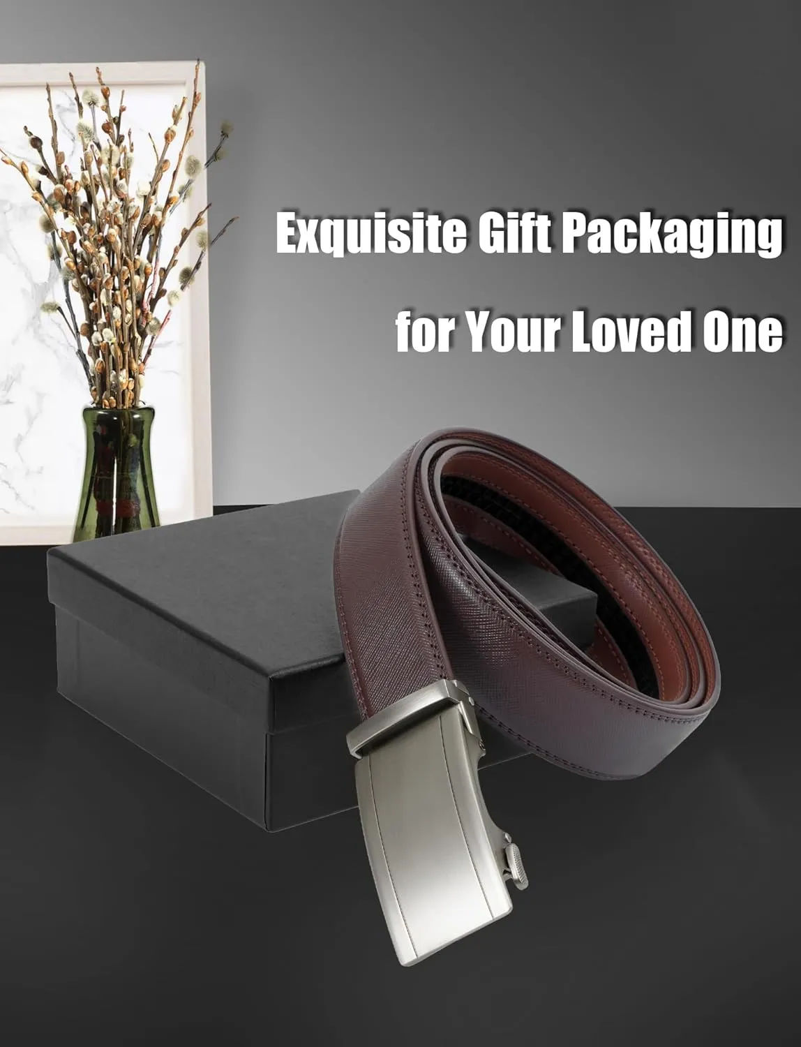 Leather Belt for Men Adjustable Ratchet Belt with Automatic Buckle for Dress Pants Trim to Fit