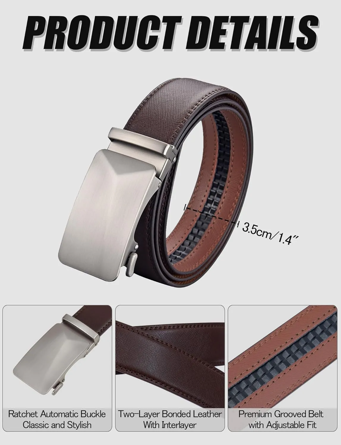 Leather Belt for Men Adjustable Ratchet Belt with Automatic Buckle for Dress Pants Trim to Fit