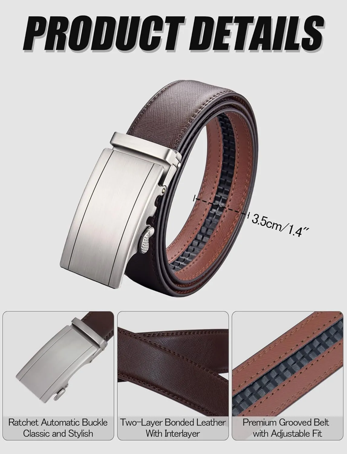 Leather Belt for Men Adjustable Ratchet Belt with Automatic Buckle for Dress Pants Trim to Fit