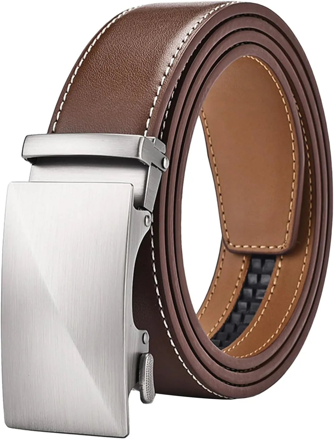 Leather Belt for Men Adjustable Ratchet Belt with Automatic Buckle for Dress Pants Trim to Fit