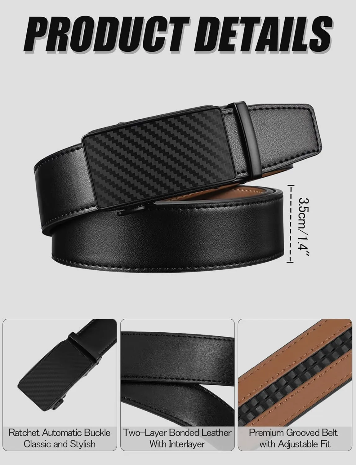 Leather Belt for Men Adjustable Ratchet Belt with Automatic Buckle for Dress Pants Trim to Fit
