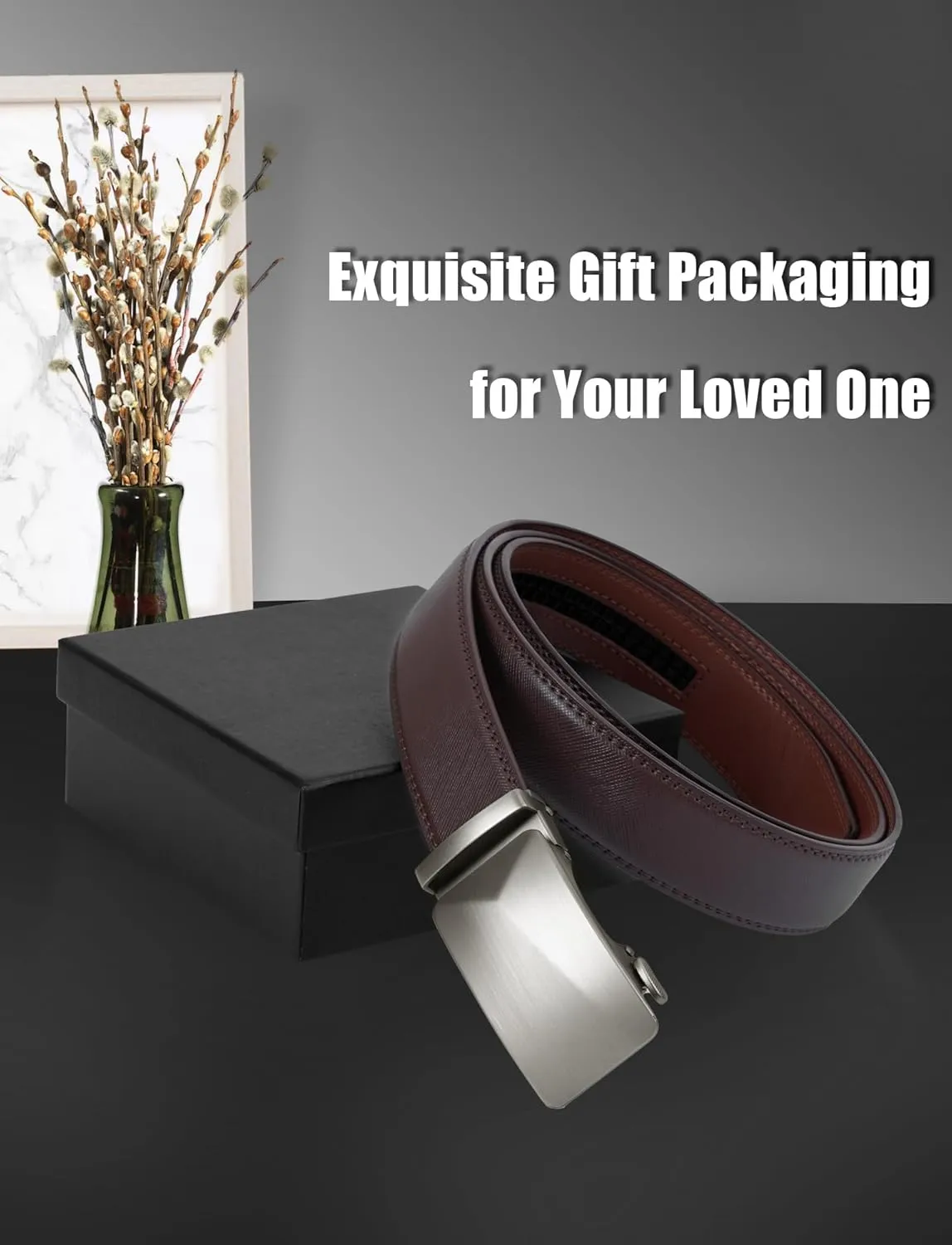 Leather Belt for Men Adjustable Ratchet Belt with Automatic Buckle for Dress Pants Trim to Fit