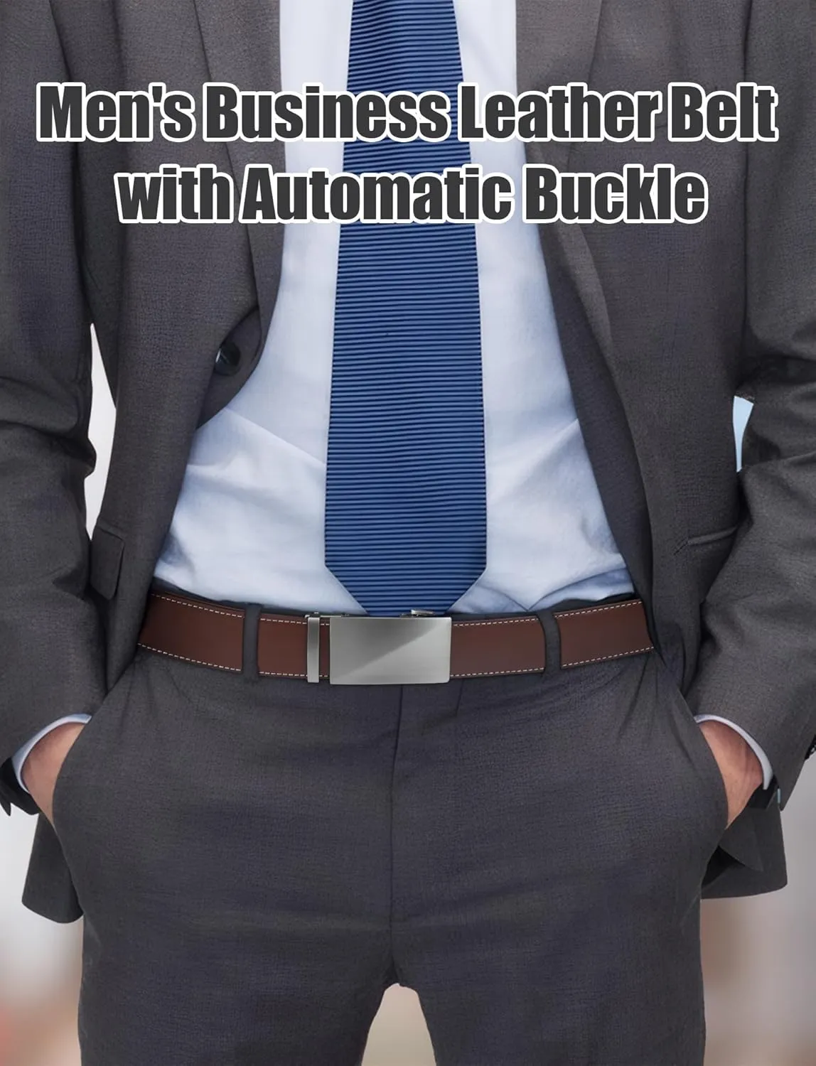 Leather Belt for Men Adjustable Ratchet Belt with Automatic Buckle for Dress Pants Trim to Fit