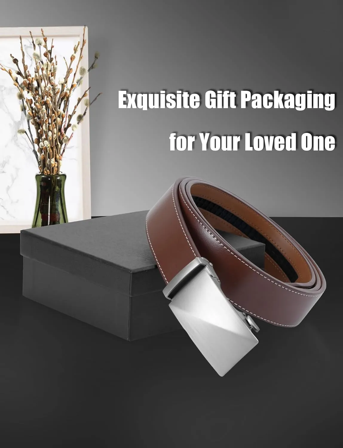 Leather Belt for Men Adjustable Ratchet Belt with Automatic Buckle for Dress Pants Trim to Fit