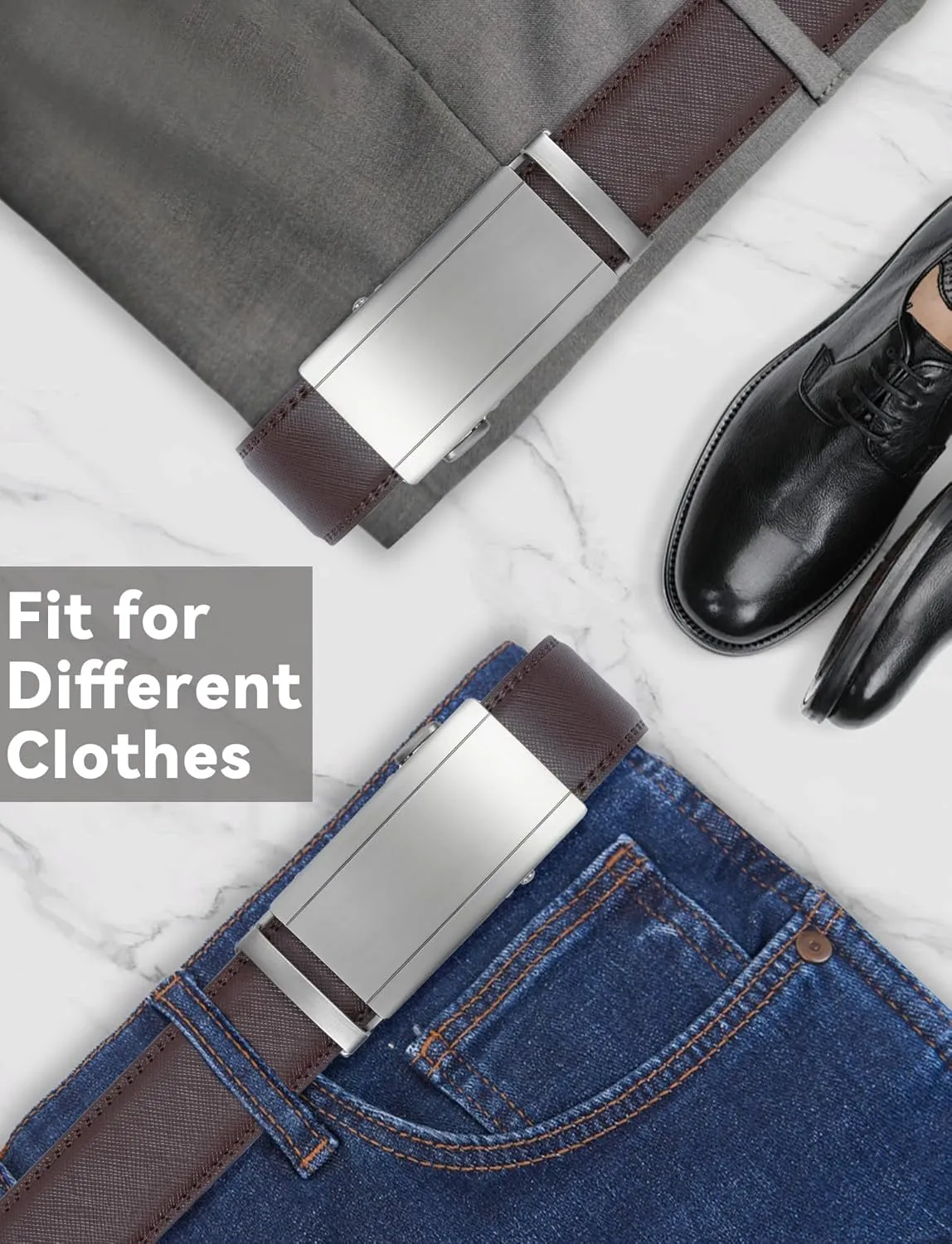 Leather Belt for Men Adjustable Ratchet Belt with Automatic Buckle for Dress Pants Trim to Fit