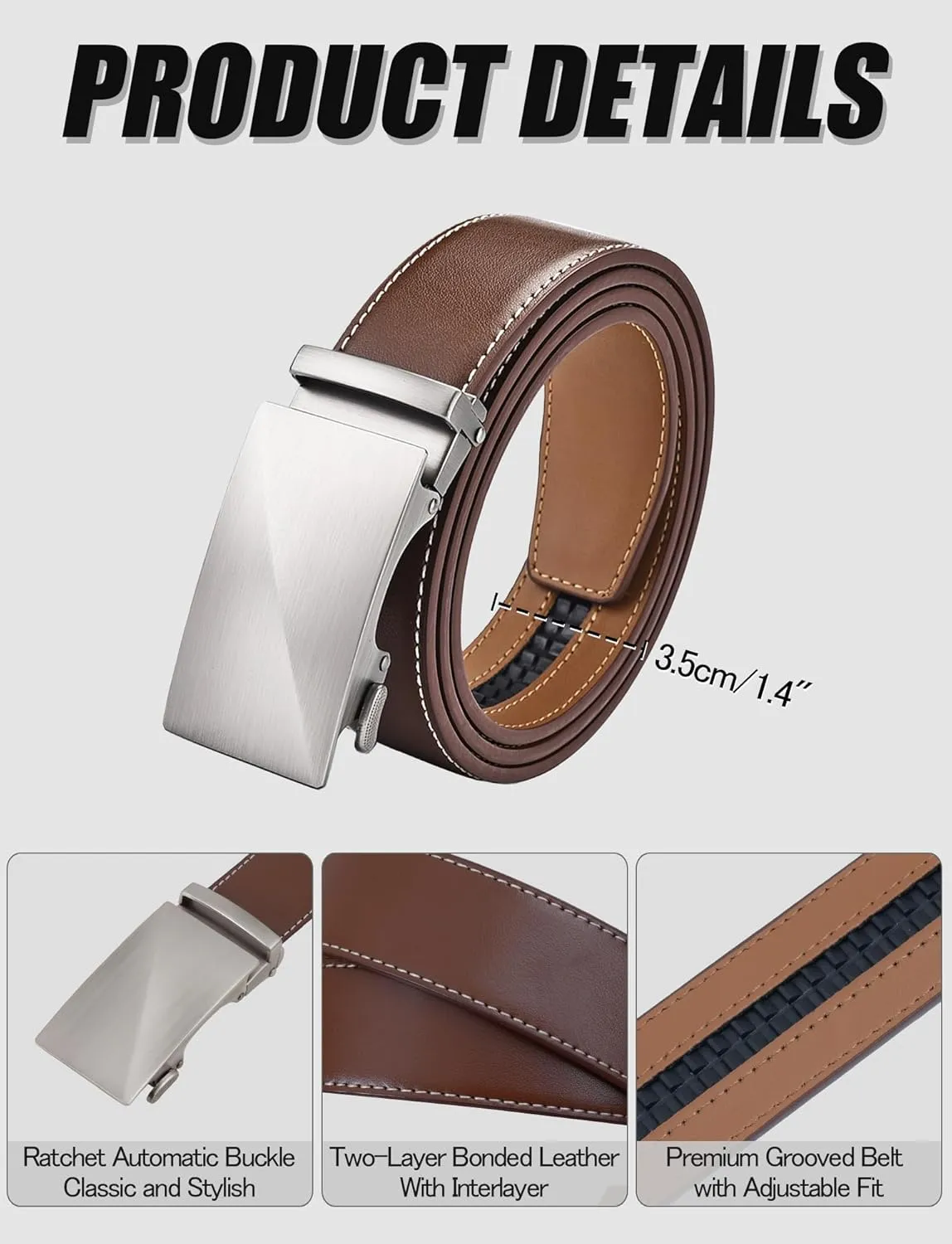 Leather Belt for Men Adjustable Ratchet Belt with Automatic Buckle for Dress Pants Trim to Fit