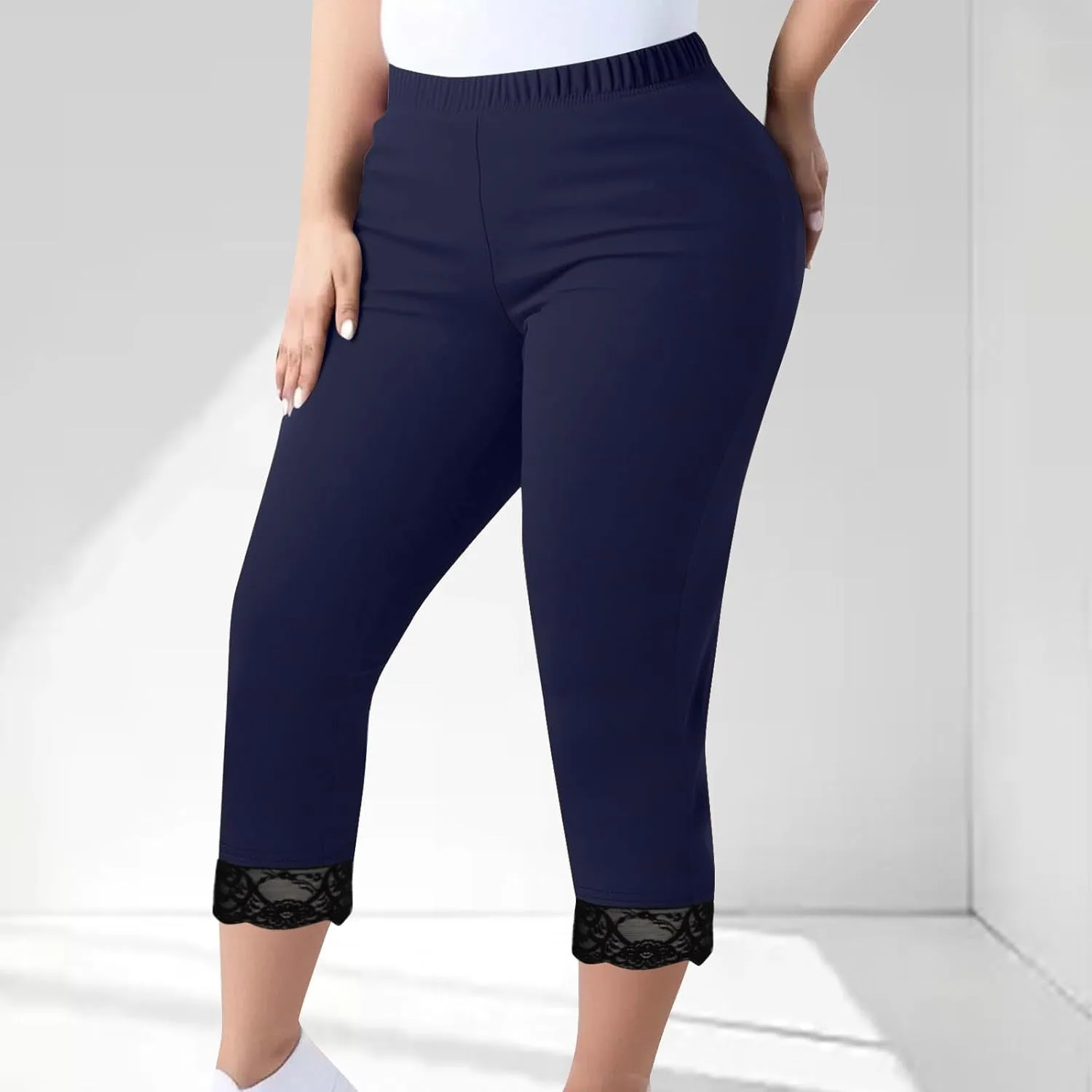 LEMONONSTORE Plus Size Capris for Women Summer Lace Trim Dressy Leggings Lightweight Cropped Elastic Waist Compression Pants