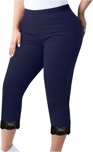LEMONONSTORE Plus Size Capris for Women Summer Lace Trim Dressy Leggings Lightweight Cropped Elastic Waist Compression Pants