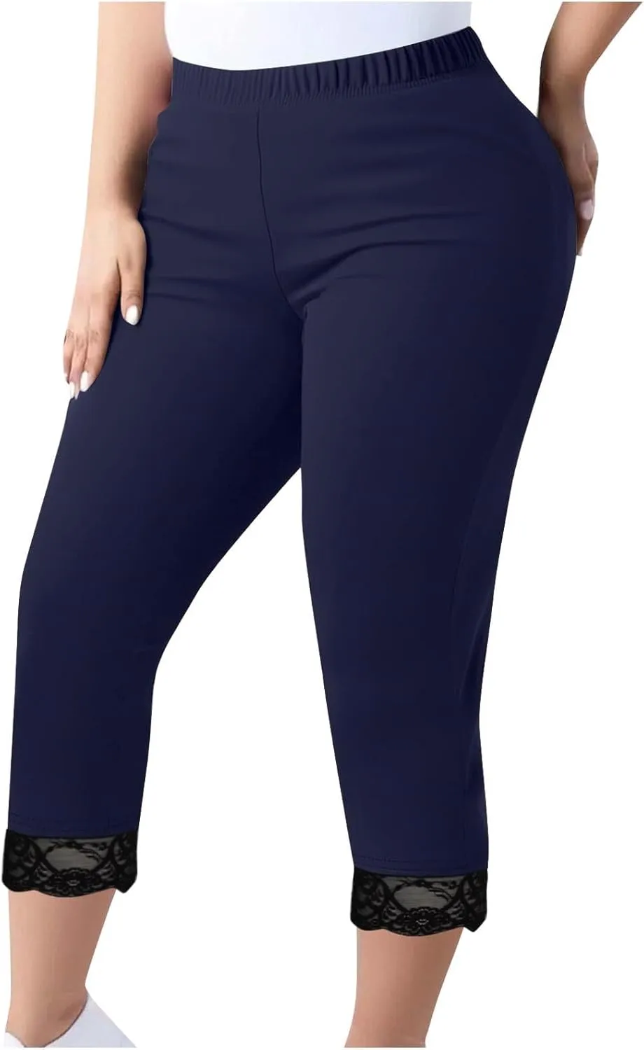LEMONONSTORE Plus Size Capris for Women Summer Lace Trim Dressy Leggings Lightweight Cropped Elastic Waist Compression Pants
