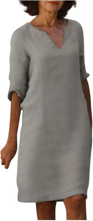 Linen Dresses for Women 2025 Casual Summer 3/4 Sleeve V Neck Knee Length Dress Mini Cruise Beach Vacation Sun Dresses