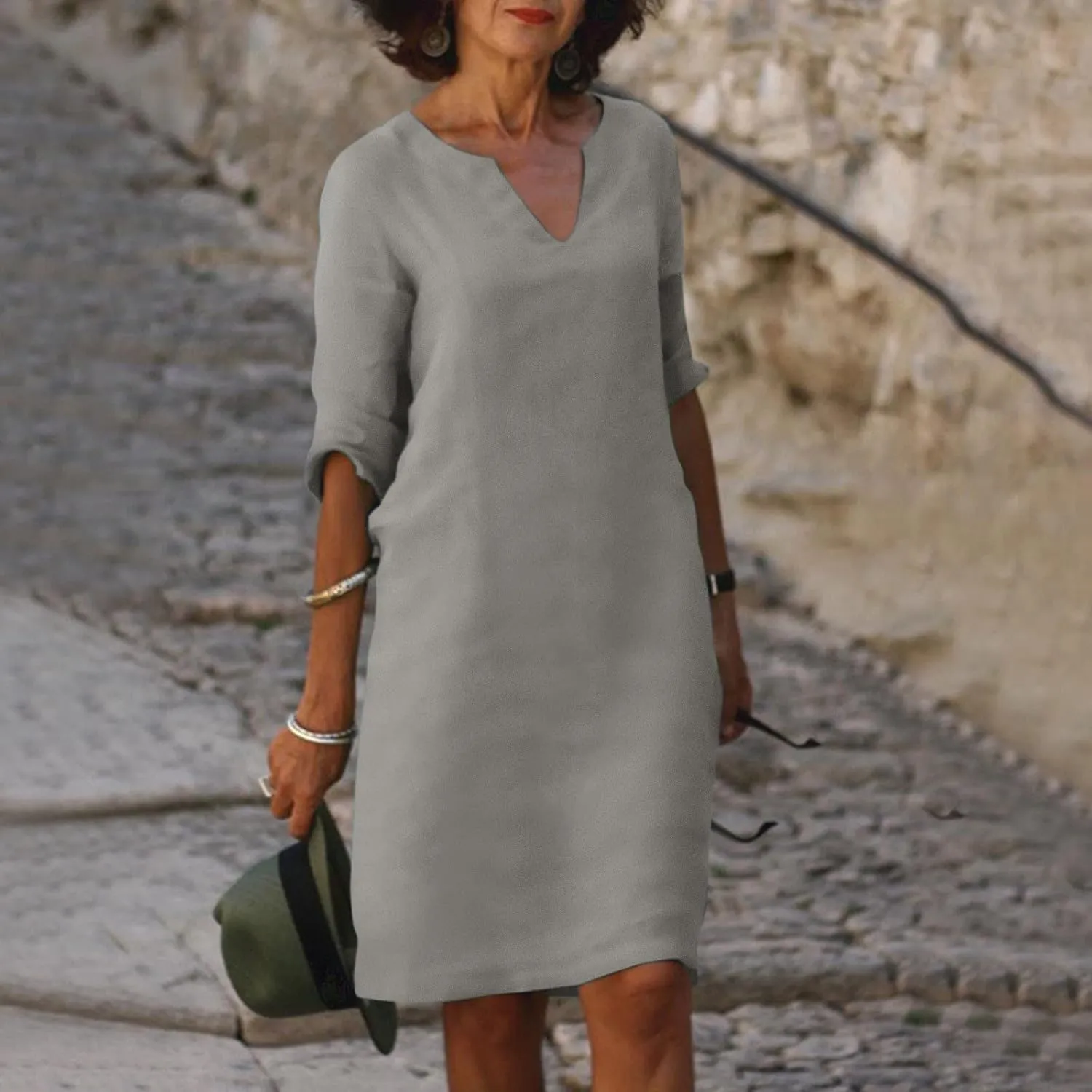 Linen Dresses for Women 2025 Casual Summer 3/4 Sleeve V Neck Knee Length Dress Mini Cruise Beach Vacation Sun Dresses