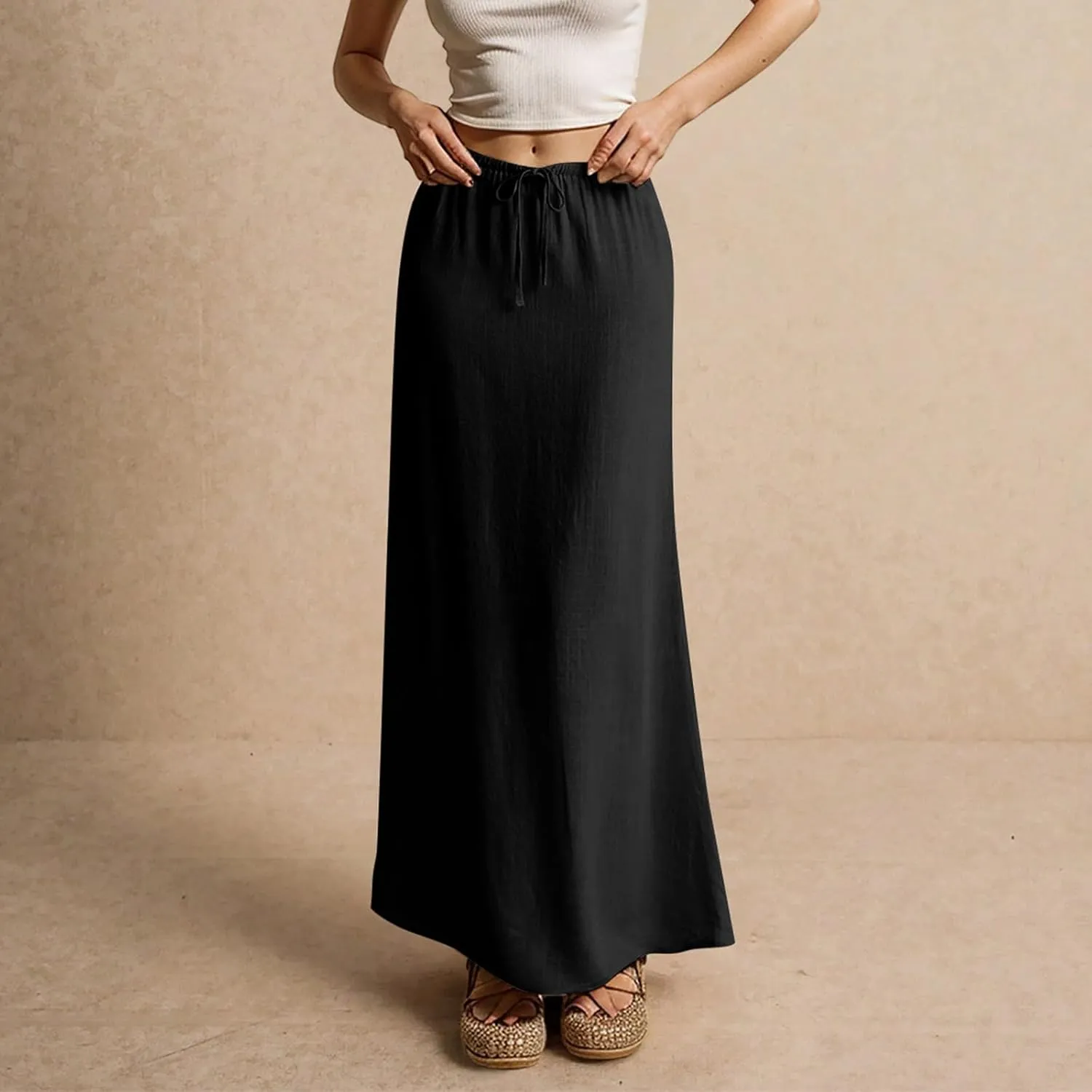 Linen Skirts for Women Trendy Summer Boho Flowy Low Waisted Drawstring Maxi Skirt Cute Casual A Line Skirts