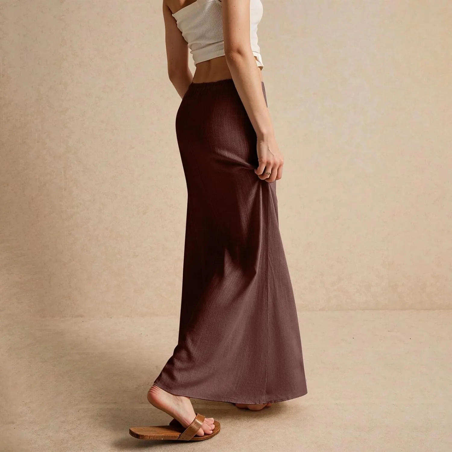Linen Skirts for Women Trendy Summer Boho Flowy Low Waisted Drawstring Maxi Skirt Cute Casual A Line Skirts