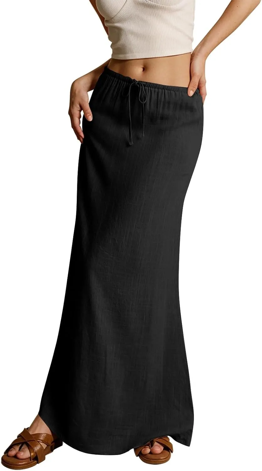 Linen Skirts for Women Trendy Summer Boho Flowy Low Waisted Drawstring Maxi Skirt Cute Casual A Line Skirts