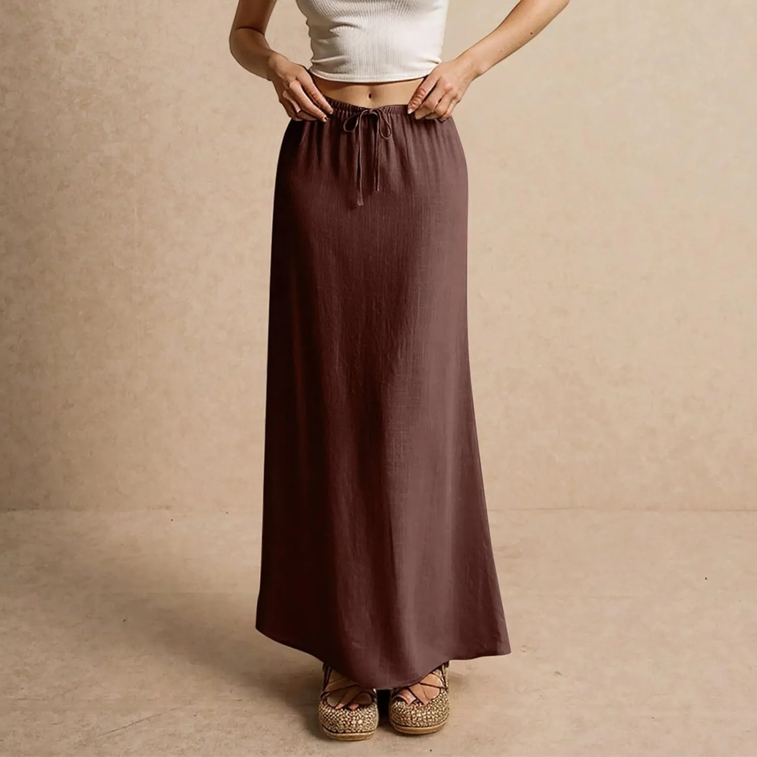 Linen Skirts for Women Trendy Summer Boho Flowy Low Waisted Drawstring Maxi Skirt Cute Casual A Line Skirts