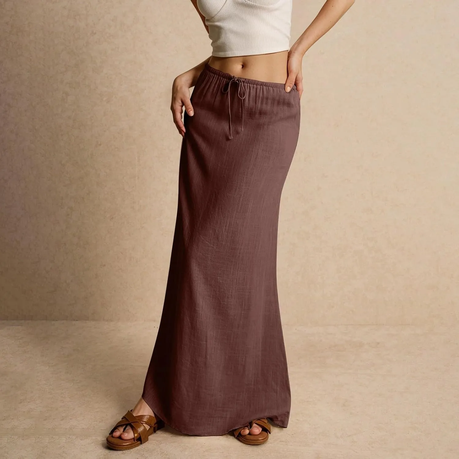 Linen Skirts for Women Trendy Summer Boho Flowy Low Waisted Drawstring Maxi Skirt Cute Casual A Line Skirts