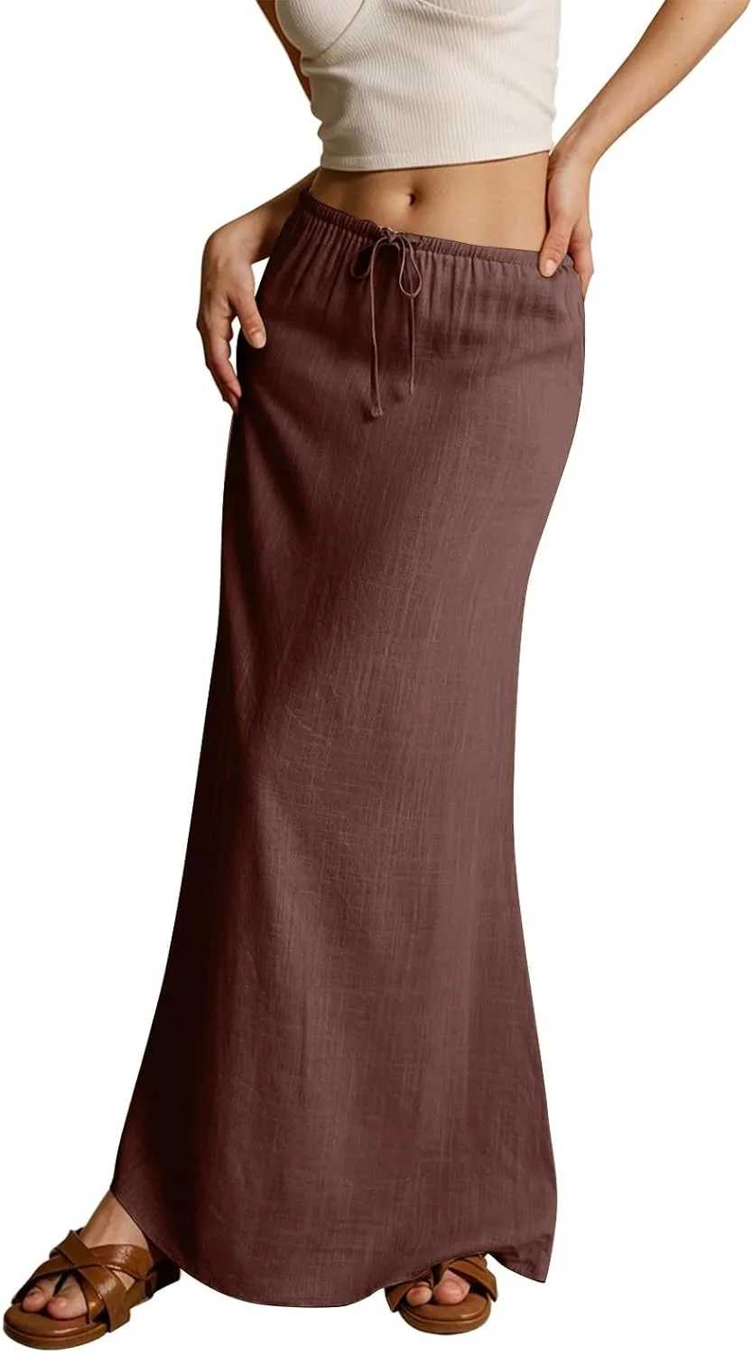 Linen Skirts for Women Trendy Summer Boho Flowy Low Waisted Drawstring Maxi Skirt Cute Casual A Line Skirts